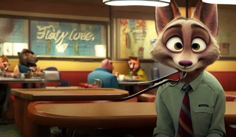 Image similar to A scene from Zootopia. Tired and lonely Nick is eating dinner at a lonely diner. The diner is dim and dirty. The economy is in a slump. Cold tones, Pixar Digital Movies