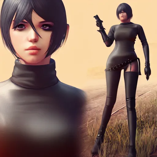 Image similar to portrait of 2B nier automata wearing skin tight clothes screenshot from the video game Red dead redemption 2 digital art trending on Artstation, CGSociety
