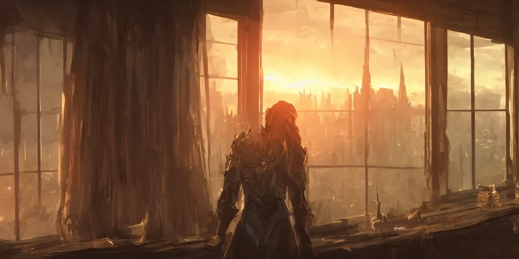 Image similar to an environmental concept art of arcane, interior, character standing with back to camera looking out window at a beautiful city, sunset, highly detailed, environmental light, cinematic by francis tneh