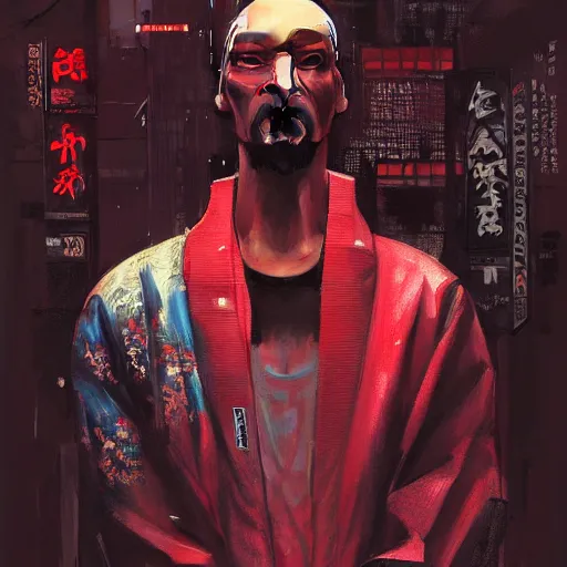 Image similar to a beautiful ukiyo painting of snoop dog cyberpunk blade runner, dramatic pose, wearing japanese techwear, detailed symmetrical, intricate complexity, concept art, by ismail inceoglu dragan bibin hans thoma greg rutkowski alexandros pyromallis nekro rene maritte illustrated, perfect face, fine details, realistic shaded, fine - face, pretty face