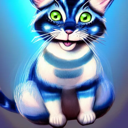 Image similar to cute blue striped cat of cheshire from alice in wonderland. an adorable cat with light blue stripes, blue eyes and a big playful smile. award - winning digital art by mona sundberg, trending on artstation