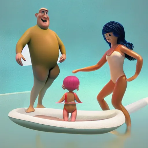 Prompt: 3 d render of a tiny woman wearing a swimsuit surfing in her bathtub as her giant husband watches in pixar style