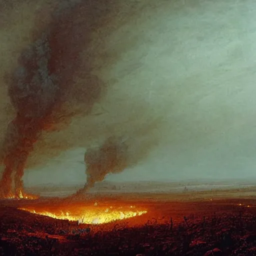 Prompt: a plague of locusts over burning forest and meadows on fire. desolate landscape. fields on fire. greg rutkowski gustave dore caspar david friedrich dystopian hyperdetailed landscape. millions of tiny locusts in the sky