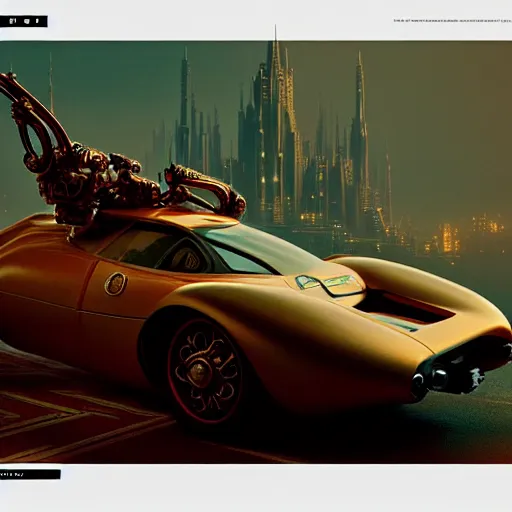 Image similar to cyborg vintage supercar slick warm tones : by michal karcz, daniel merriam, victo ngai and guillermo del toro : ornate, dynamic, particulate, intricate, elegant, highly detailed, centered, artstation, smooth, sharp focus, octane render