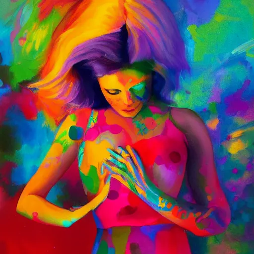 Prompt: A colorful painting of a joyful female artist playing with her creativity in the infinite loving universe by Brenda Zlamany and Craig Wylie, Trending on artstation, studio lighting