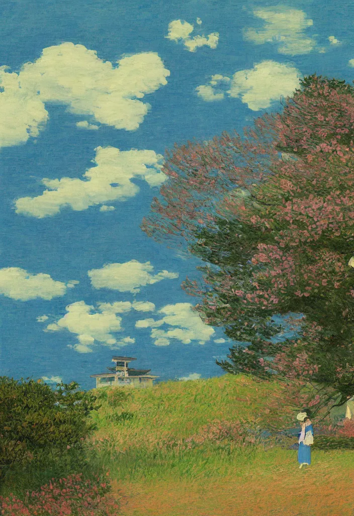 Prompt: tiny silhouette in front of a beautiful japanese country side landscape, edo era house in the background, blue sky, magnificient clouds, lofi vibe, vivide colors, amazing light, really beautiful nature, oil painting, impressionist style, by jeremy lipkin, by klimt, by claude monet, by ghibli, kandinsky touches, multiple brush strokes, masterpiece