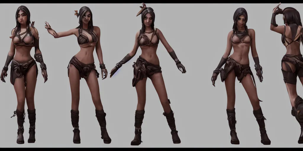 Image similar to Character sheet of pool party samira (League of Legends). 3d unreal engine 5 trending on artstation