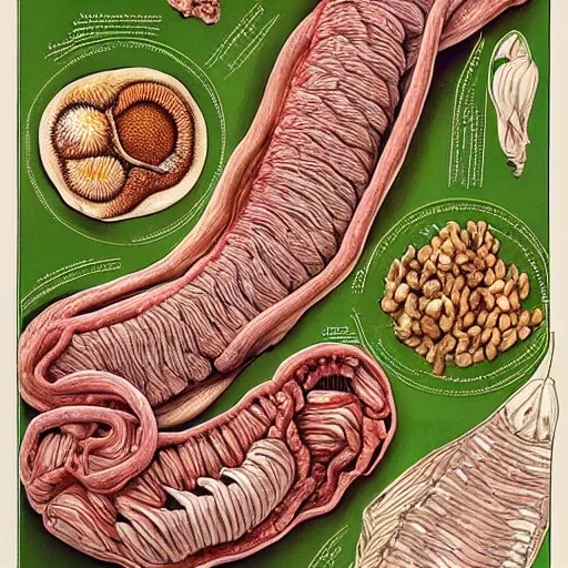 Image similar to miles of intestines filled with food, scientific illustration, gross, intricate detail, artgram,