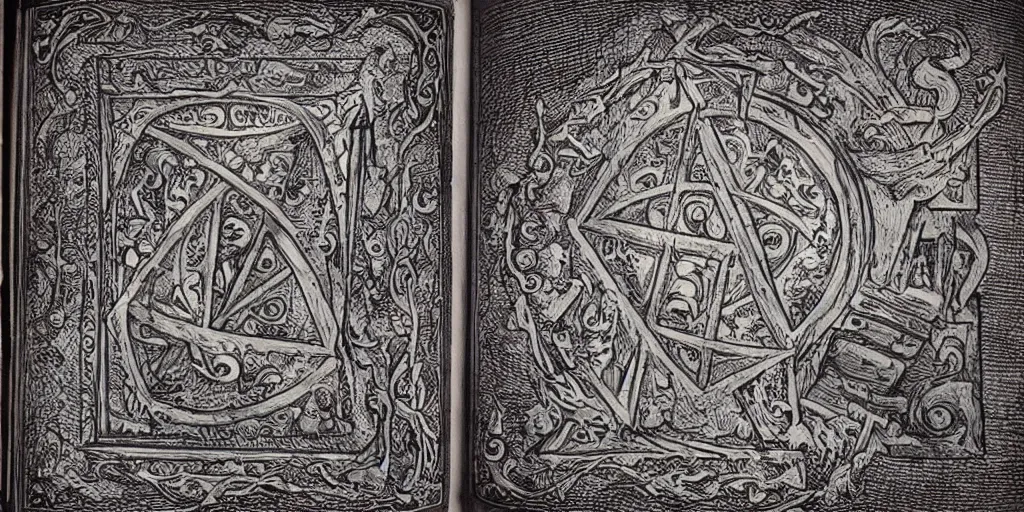 Image similar to a very detailed book of spells with ornate cryptic symbols drawn on the pages