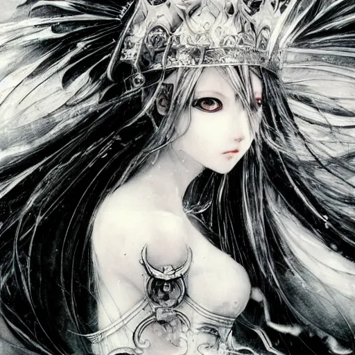 Image similar to yoshitaka amano blurred and dreamy illustration of an anime girl with black eyes, wavy white hair and crown on her head wearing elden ring armor with the cape fluttering in the wind, abstract black and white patterns on the background, noisy film grain effect, highly detailed, renaissance oil painting, weird portrait angle