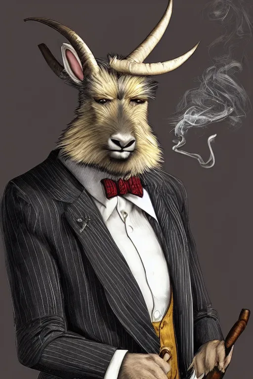 Prompt: beautiful portrait commission of a male furry anthro mountain goat wearing a pinstripe suit and waistcoat, smoking a cigar, hooves!, award-winning character art, detailed, trending on artstation