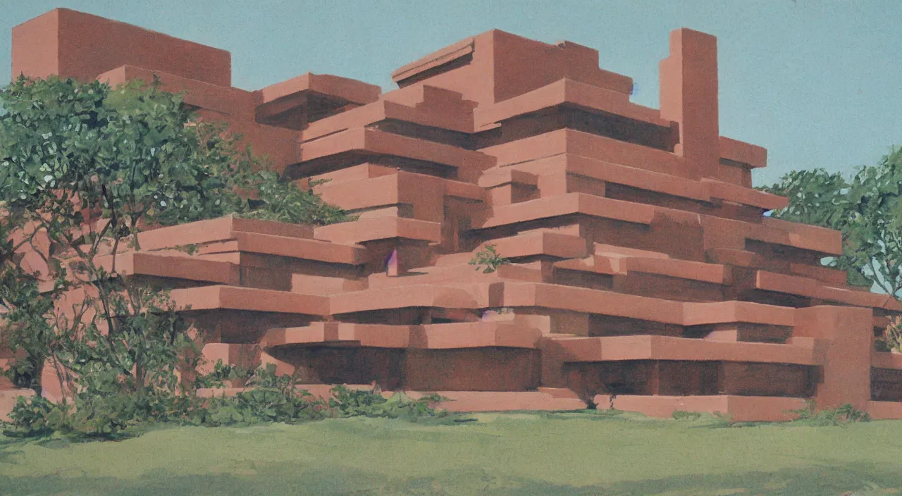 Prompt: gouache by james gurney. building designed by frank lloyd wright