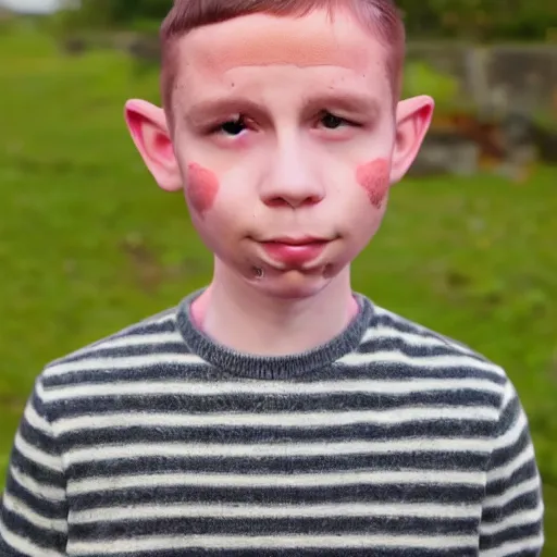 Image similar to small boy with pink skin, thick lips, very pink face, thin eyebrows, short light brown hair, puffy face, small ears, high on edibles