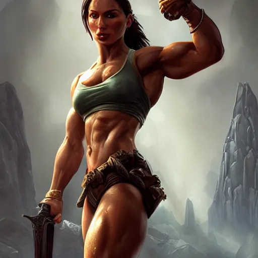 Image similar to lara croft as a female bodybuilder redhead showing her abs, fantasy, intricate, elegant, highly detailed, digital painting, artstation, concept art, matte, sharp focus, illustration, art by aenaluck and roberto ferri and greg rutkowski, epic fantasy, digital painting