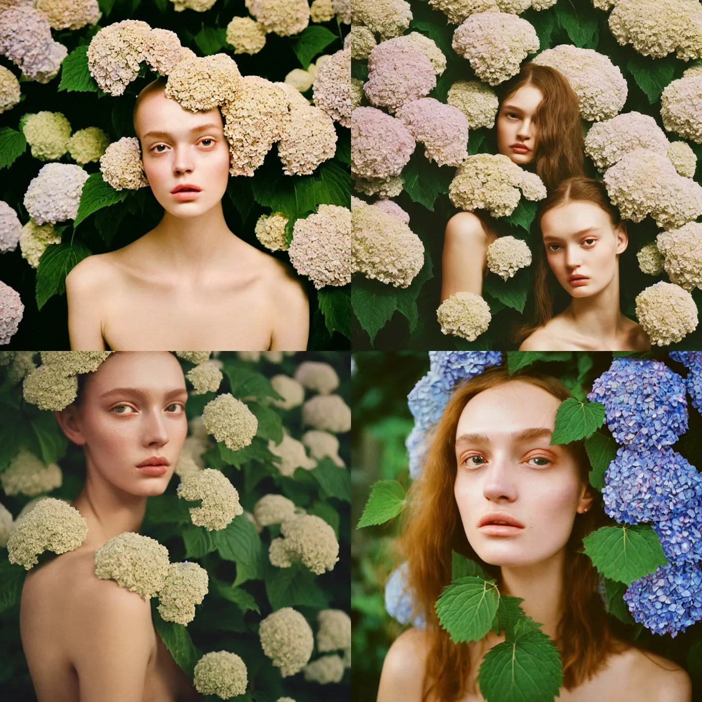 Prompt: An vintage analog head and shoulder frontal face portrait photography of a woman surrounded by various multiple oversized Hydrangea by Marta Bevacqua. Vogue. Kodak Portra 800 film. (Depth of field). whirl bokeh!!. Golden hour. detailed. hq. realistic. warm light. muted colors. Moody. Filmic. Dreamy. lens flare. Mamiya 7ii, f/1.2, symmetrical balance, in-frame