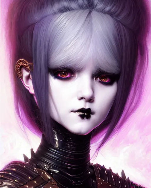 Image similar to portrait of beautiful cute young goth girl with short white hairs in warhammer armor, art by ( ( ( kuvshinov ilya ) ) ) and wayne barlowe and gustav klimt and artgerm and wlop