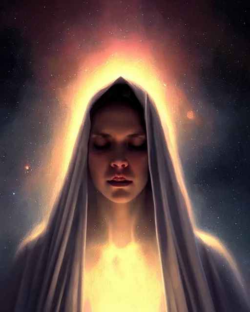 Prompt: epic portrait cinematic shot a giant virgin mary face in space, dark, stars, glowing, glowing eyes, fine details. night setting. realistic shaded lighting poster by craig mullism, artgerm, jeremy lipkin and michael garmash, unreal engine, radiant light, detailed and intricate environment, digital art, trending on art station,