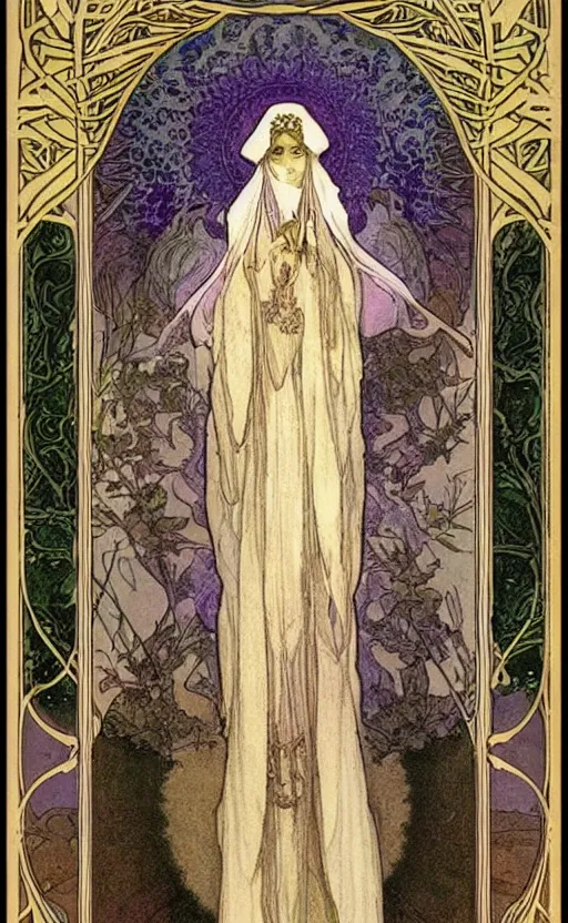 Prompt: the high priestess, tarot, beautiful border, by alfons maria mucha, highly detailded