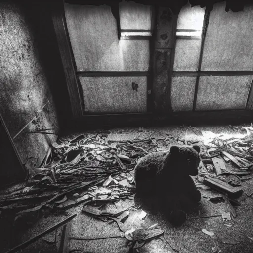 Prompt: a decrepit teddy bear, sat forgotten in a tipped over box in the attic. small rays of light can be seen. the house is long abandoned. black and white photo. surrealism.