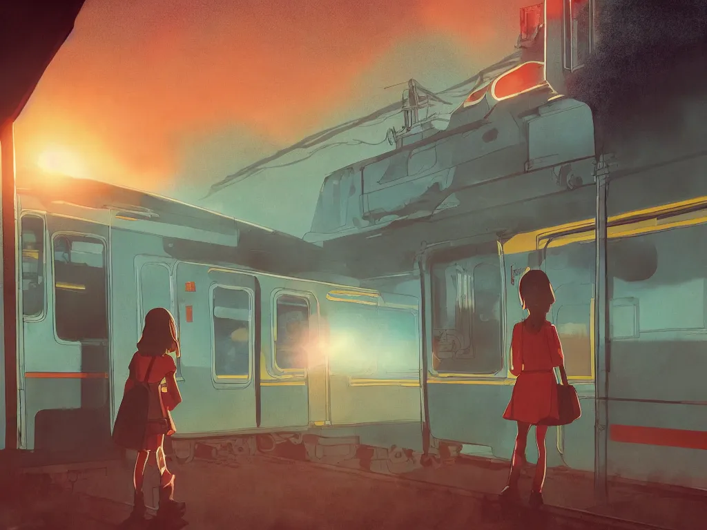 Prompt: lone girl waiting for the train, 70s, dreamy, stanley kubrick the shinning, vibrant colors americana, cinematic, volumetric lighting, god rays, sunset, realistic, detailed, digital art, studio ghibli anime, illustration