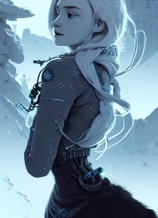 Image similar to highly detailed portrait of a hopeful frostpunk long blonde hair lady with robotic limbs, stray wiring by atey ghailan, james gilleard, by joe fenton, by greg rutkowski, by greg tocchini, by kaethe butcher, 4 k resolution, gradient blue, black and white color scheme!!! ( ( glacier cave background ) )