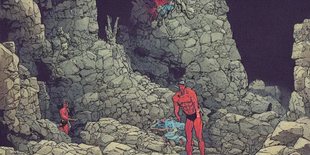 Prompt: painting of rocky wall in a dark cave with rocky ground, comics, clean line, no people, illustration by juan gimenez! and moebius, clean thick line, vivid colors, comics style