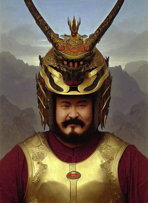 Prompt: portrait of hide the pain harold in a chinese dragon in armor and helmet, majestic, solemn, symmetrical, detailed intricate, hyper realistic, by bouguereau