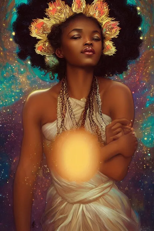 Image similar to beautiful black girl magic, nature goddess with brown skin in front of nebulae bursting halos, crisp digital painting by artgerm by mucha by caravaggio and face by wlop