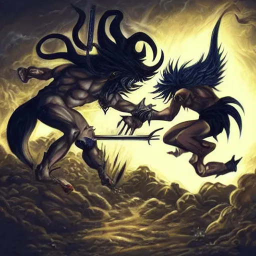 Image similar to Baphomet fistfighting a savage woman with wild spiky black Saiyan hair, dark dungeon, bloody walls, fantasy art, esoteric Satanic art, absurd quality