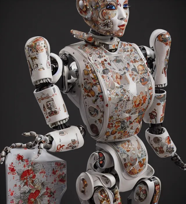 Image similar to full body portrait of a highly advanced digital robot with a porcelain japanese geisha face mask with kanji tattoos and decals, japanese model, octane render, intricate details, ultra realistic, dramatic lighting