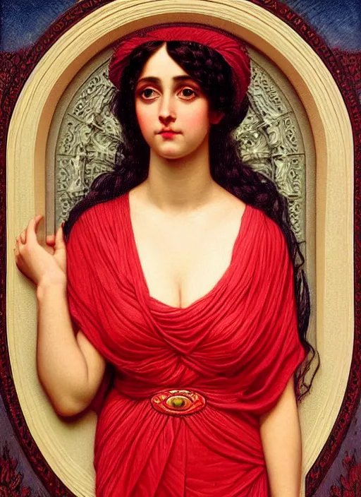 Prompt: portrait of a realistic ethereal woman with big eyes and a glowing face, wearing a red dress, in the style of john william godward, intricate details, high detail, super - flat, art nouveau, face symmetry, masterpiece, sharp focus