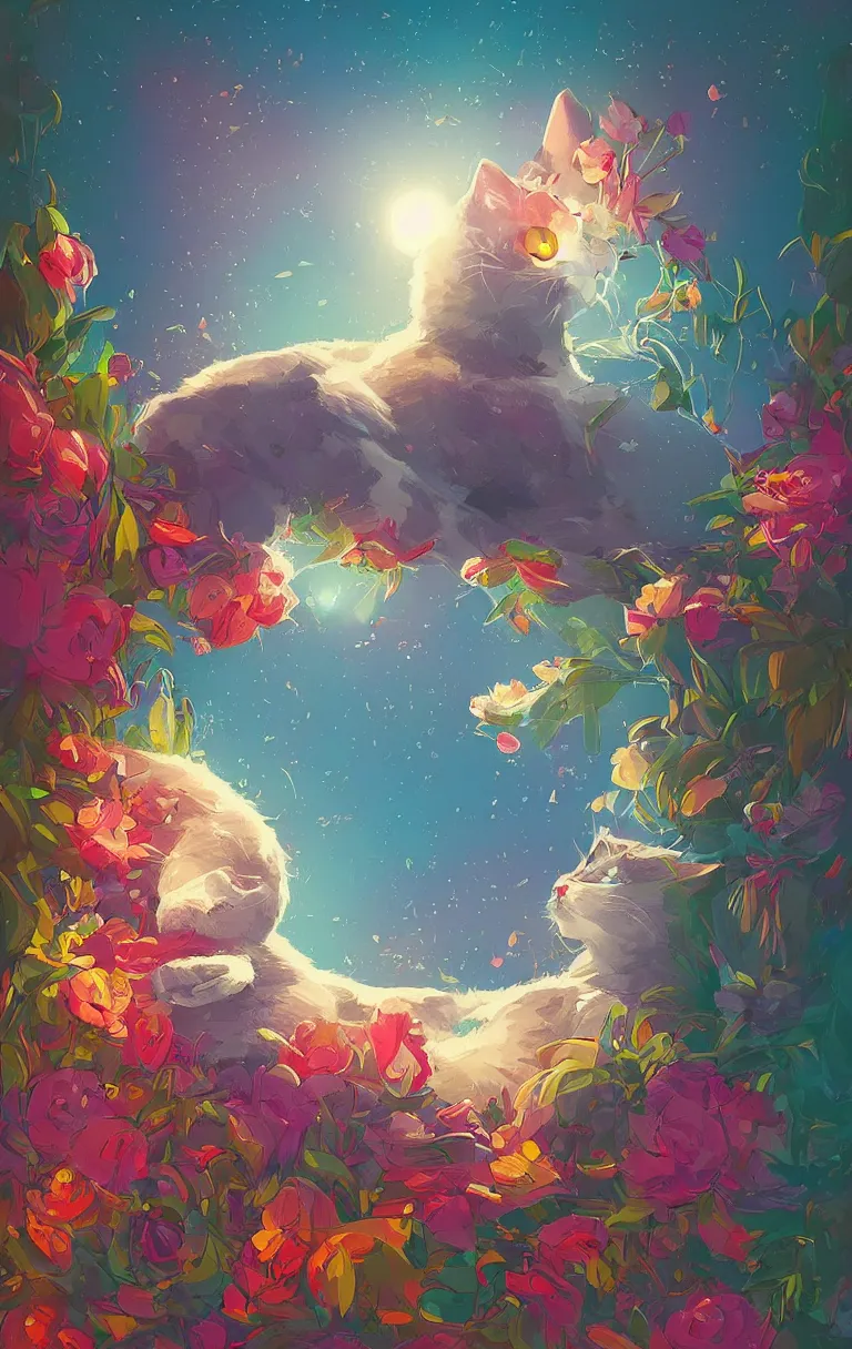 Image similar to a digital art of a cat sleeping in the room with flowers around in the afternoon, the sun shines in, animal, light effect, highly detailed, by anton fadeev