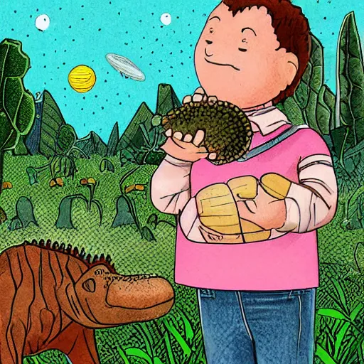 Image similar to digital art, farmer recollecting planets for a big crocodile that is waiting to eat them with a pink bib of a bear