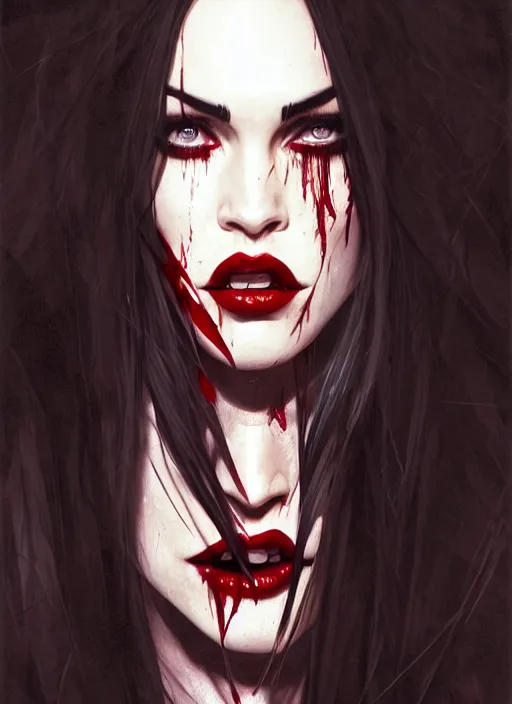 Prompt: portrait of megan fox as a evil vampire queen baring her fangs, bloody tears, jewelry, greek, dark, fangs, intricate, headshot, fangs, key visual, conceptart, ambient lighting, highly detailed, digital painting, artstation, concept art, sharp focus, by makoto shinkai and akihiko yoshida and greg manchess