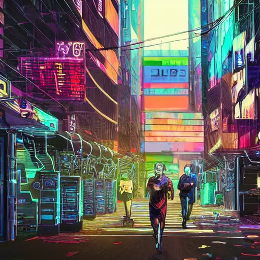 Image similar to people running away from cryptocurrency scared, cyberpunk art