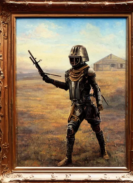 Prompt: a detailed painting of a man in post apocalyptic home made armour and a helmet holding a modified shotgun walking towards a sunset. hd. 1 9 5 0 s oil painting style.