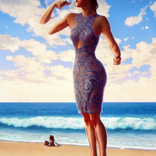 Prompt: full body portrait of addison rae wearing a skintight dress in a beach, intricate, elegant, highly detailed, digital painting, artstation, smooth, sharp focus, illustration, art by artgerm and greg rutkowski and alphonse mucha, 8 k