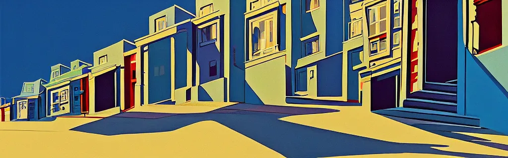 Prompt: san francisco sloped street, gouache, animated film, stylised, illustration, by eyvind earle, scott wills, genndy tartakovski, syd mead