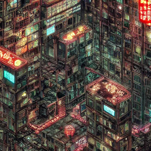Prompt: Kowloon Walled City cyberpunk, mediumdetailed, night