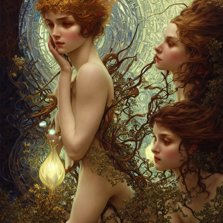 Prompt: Artificial Intelligence, fantasy, intricate, elegant, dramatic lighting, emotionally evoking symbolic metaphor, highly detailed, lifelike, photorealistic, digital painting, artstation, concept art, smooth, sharp focus, illustration, art by John Collier and Albert Aublet and Krenz Cushart and Artem Demura and Alphonse Mucha