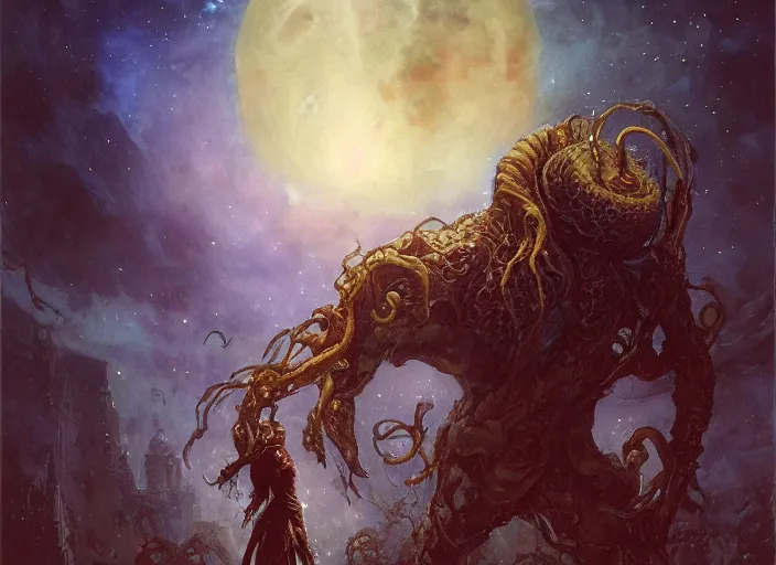 Image similar to my bed giant cthulhu children afraid in the dark moon light by gaston bussiere, anna nikonova aka newmilky, yoji shinkawa, yoshitaka amano, tsutomu niehi, donato giancola, geoffroy thoorens, trending on artstation, featured on pixiv, cinematic composition, 8 k