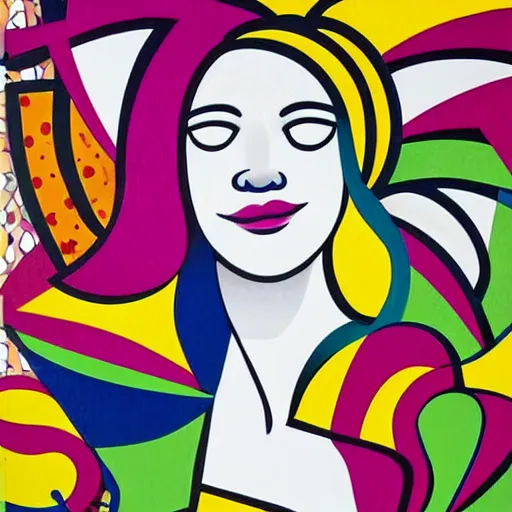 Prompt: Street art. A beautiful illustration of a young girl with long flowing hair, looking up at the stars. She appears to be dreaming or lost in thought. by Lee Krasner, by Romero Britto balmy