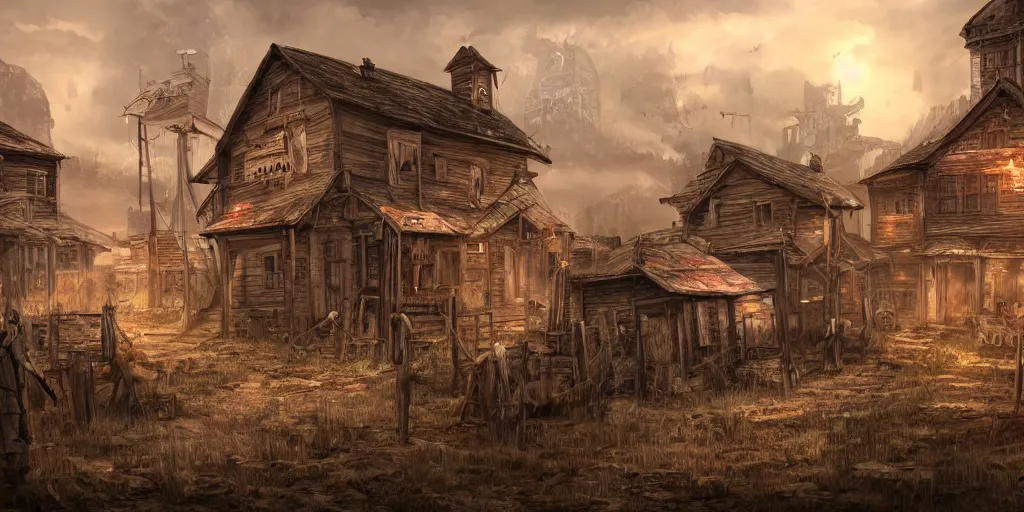 Image similar to old farmers town, apocalyptic fantasy, mmo, digital art, 4 k