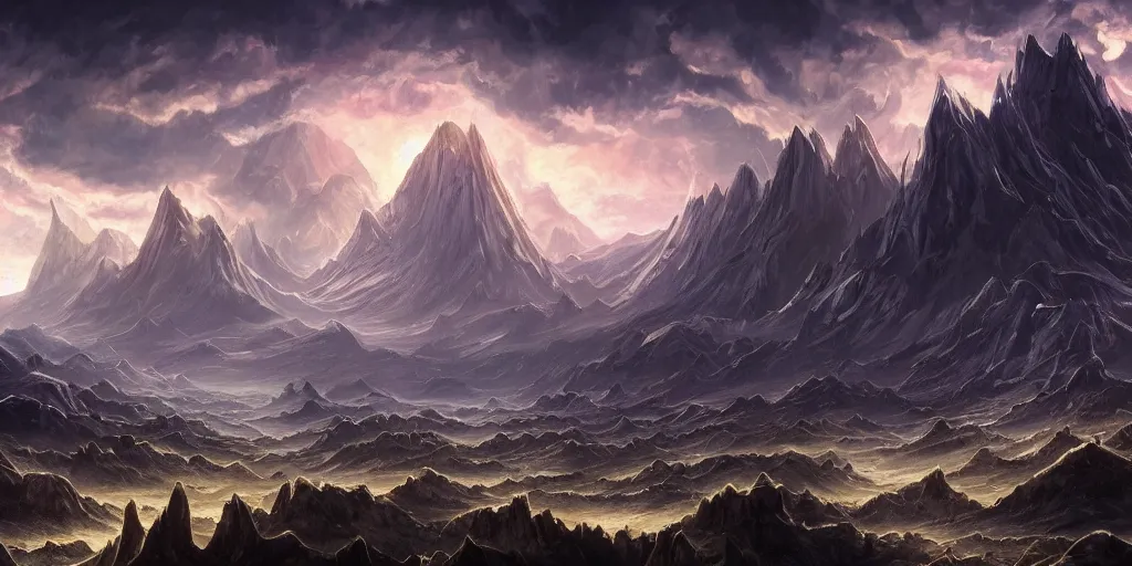 Image similar to The eldritch sky landscape with mountains in the background, Sci-Fi fantasy desktop wallpaper, painted, 4k, high detail, sharp focus