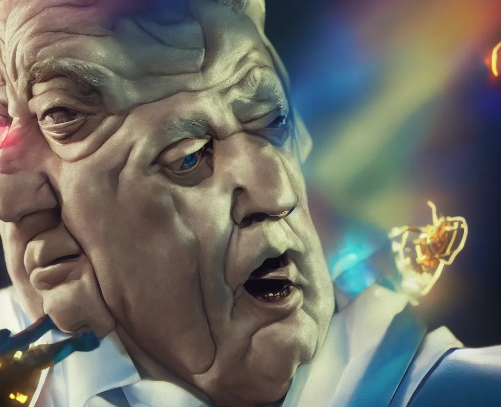 Image similar to dramatic portrait of Rodney Dangerfield, bloomed lighting, angelic, futuristic, beautiful colors, slightly golden, very sharp likeness, very detailed, chopping hands, electrical details, cinematic lighting high details, 4k, 8k, trending on artstation, ultra-realism