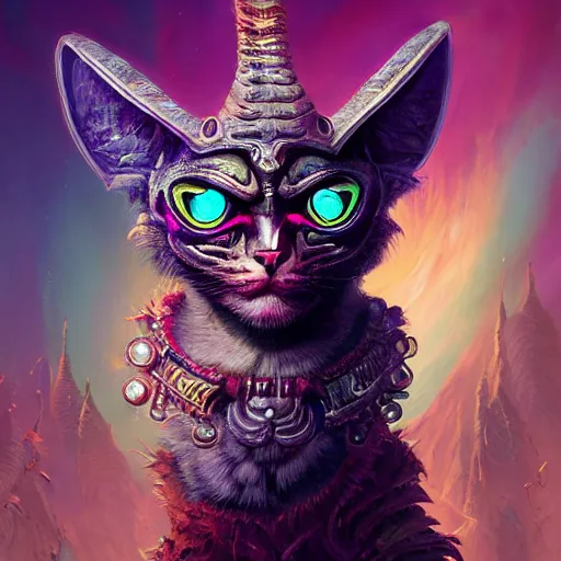 Prompt: synthwave chieftain - cat with ultradetailed aztec - headdress and big glowing cyber eyes by peter mohrbacher and emmanuel shiu and martin johnson heade and bastien lecouffe - deharme, rim light photography