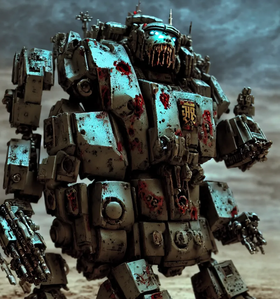 Image similar to cinematic still of a zombie heavy mech military space marine, by kow yokoyama, maschinen krieger, hobby japan, stormy post apocalyptic desert, highly detailed, 3 5 mm, shot with canon 5 d mark ii, face detail, rob bottin, rick baker, jordu schell, artstation, cg society, soft illumination