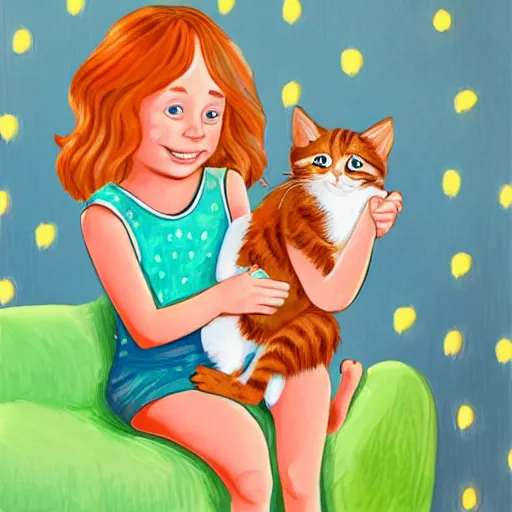 Image similar to young freckled smiling pretty redhead girl is holding a kitten while watching tv, depicted for a children's book, in the style of claudia gadotti and katie risor