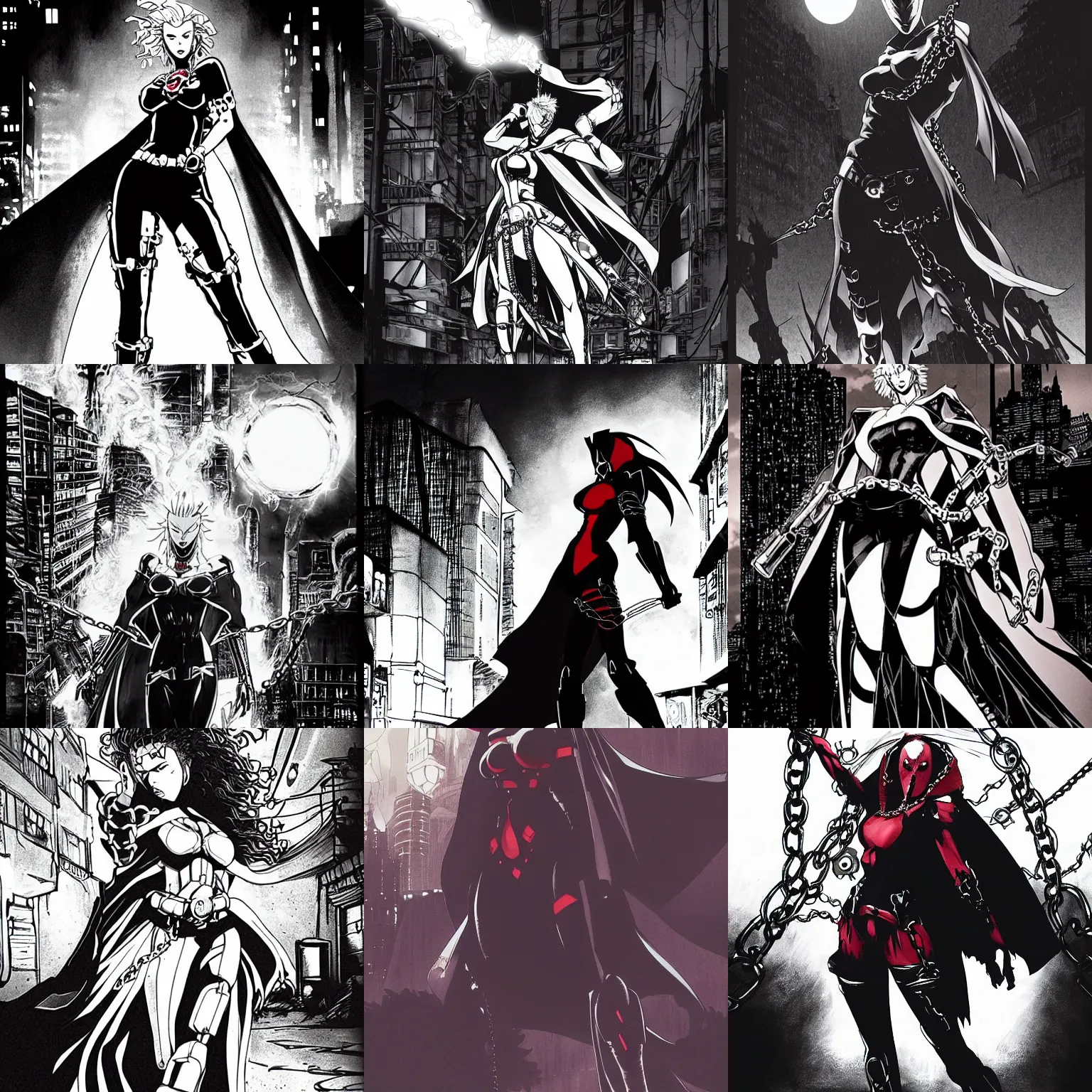 Prompt: scarlett johansson as spawn with swinging chains and cape in afro samurai anime style pencil and ink manga, full body action pose, dramatic lighting in a post apocalyptic cyberpunk city, at night with dramatic moonlight