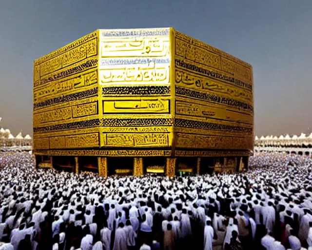 Image similar to The Kaaba inspired by a burger (Arabic: ٱلْكَعْبَة, romanized: al-Kaʿbah, lit. 'The Cube', Arabic pronunciation: [kaʕ.bah]), also spelled Ka'bah or Kabah, sometimes referred to as al-Kaʿbah al-Musharrafah (Arabic: ٱلْكَعْبَة ٱلْمُشَرَّفَة, romanized: al-Kaʿbah al-Musharrafah, lit. 'Honored Ka'bah'), is a building at the center of Islam's most important mosque, the Masjid al-Haram in Mecca, Saudi Arabia.[1][2] It is the most sacred site in Islam.[3] It is considered by Muslims to be the Bayt Allah (Arabic: بَيْت ٱللَّٰه, lit. 'House of God') and is the qibla (Arabic: قِبْلَة, direction of prayer) for Muslims around the world when performing salah.